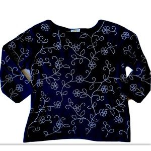 Talbots Large Black Embroidered Cotton T Shirt 3/4 Sleeves